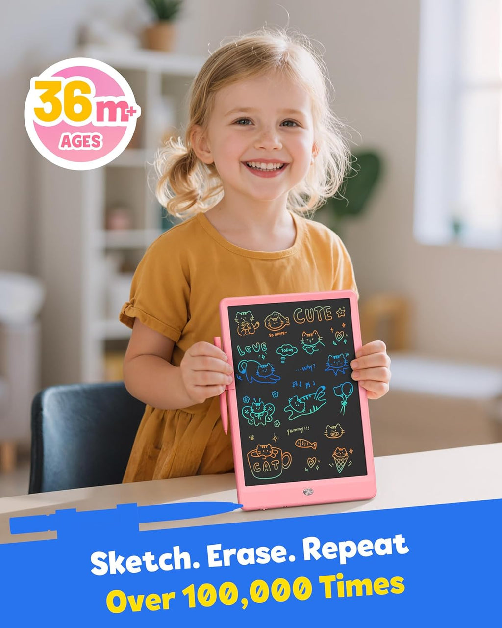TEKFUN LCD Writing Tablet for Kids, 10-inch Coloring Drawing Pad, Mess Free Doodle Board, Easter Gifts for Girls and Toddlers, Toys for 3 4 5 6 7 8 Year Old Boys (Pink)