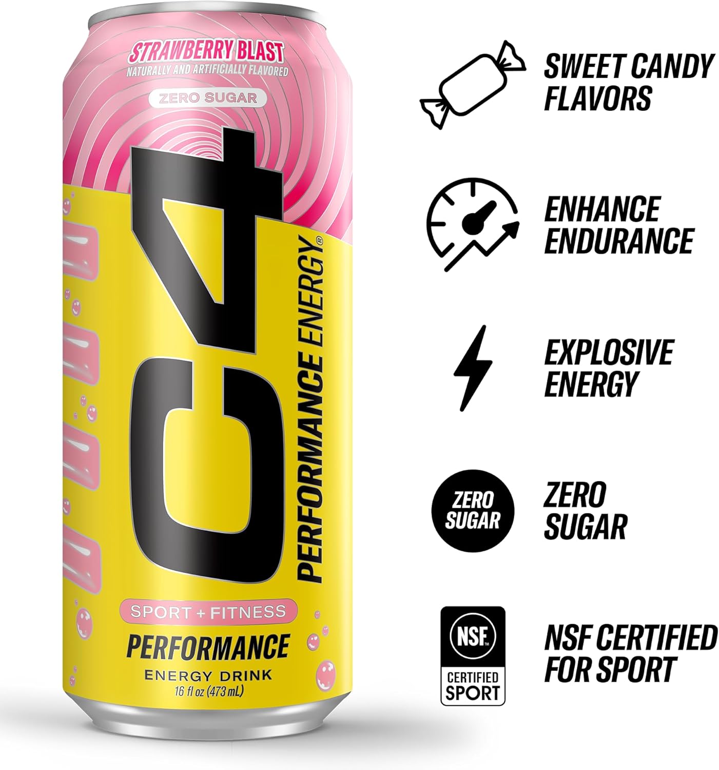 C4 Performance Energy Drink | Strawberry Blast | Zero Sugar Carbonated Preworkout Energy | 200mg Caffeine with Beta Alanine | 16 Fl Oz (12 Pack)