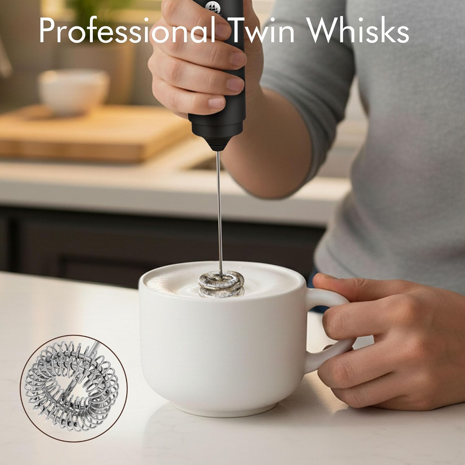 Rechargeable Milk Frother Handheld, 2-IN-1 Dual Spring Whisk Electric Frother Wand for Cappuccino Latte Macchiato, Portable Drink Mixer for Coffee, Matcha, Hot Chocolate