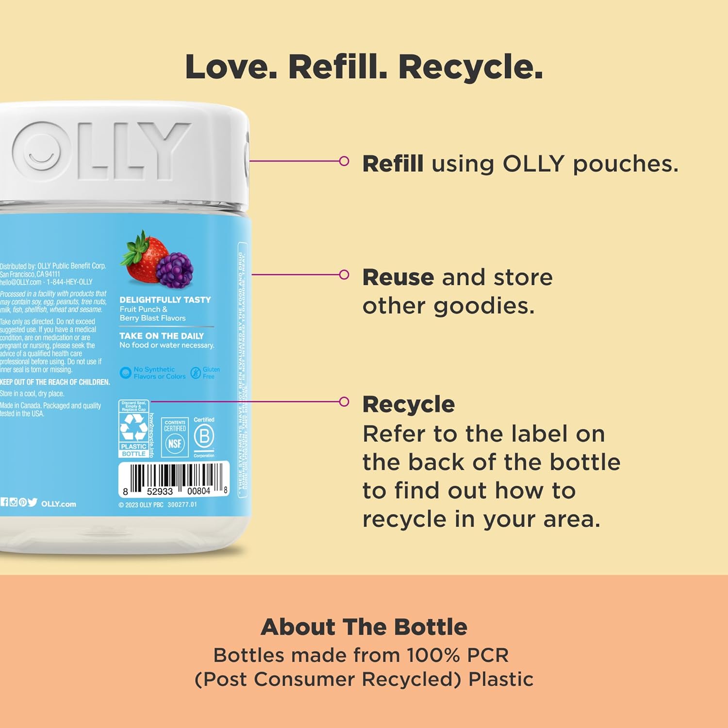 OLLY Kids Multivitamin & Probiotic Gummy, Digestive Support, Vitamins A, D, C, E, B, Zinc, Chewable Supplement, Berry Flavored, 50 Day Supply - 100 Count