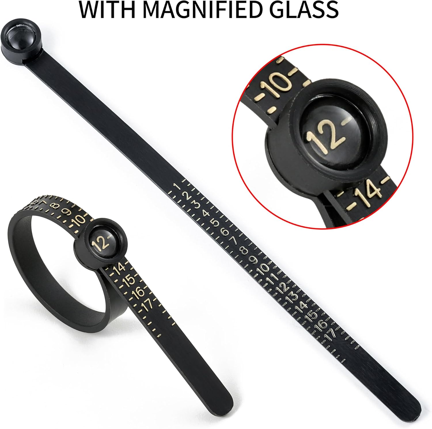 Bflaae Ring Sizer Measuring Tool Kit, 27 PCS Stainless Steel Measuring Ring Tool, US Ring Size 0-13 with Half Size, 2 PCS Reusable Finger Size Tape with Magnified Glass 1-17 USA Rings Size
