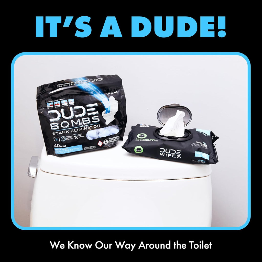 DUDE Wipes DUDE Bombs Toilet Stank Eliminator - 2-in-1 Air Freshener and Toilet Bowl Cleaner - 1 Pack (40 Pods) - Deodorizing Blend of Lavender, Cedar, Lime, and Eucalyptus