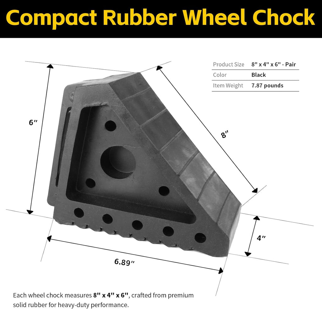 MaxxHaul Solid Rubber Wheel Chock 2-Pack | 8" x 4" x 6" Heavy-Duty Tire Stop | Non-Slip Traction Pads | Built-In Handle | All-Weather Vehicle Safety Block (70472)