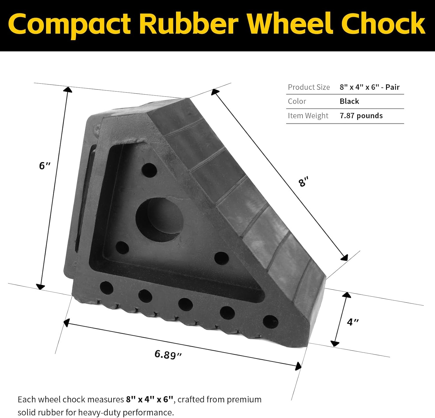 MaxxHaul Solid Rubber Wheel Chock 2-Pack | 8" x 4" x 6" Heavy-Duty Tire Stop | Non-Slip Traction Pads | Built-In Handle | All-Weather Vehicle Safety Block (70472)