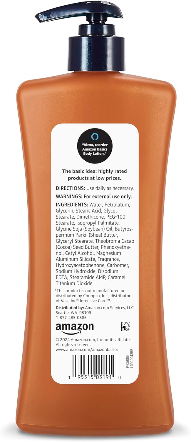 Amazon Basics Moisturizing Cocoa Butter Body Lotion for Dry Skin, Non-Greasy, Paraben Free, Lightly Scented, 20.3 Fl Oz