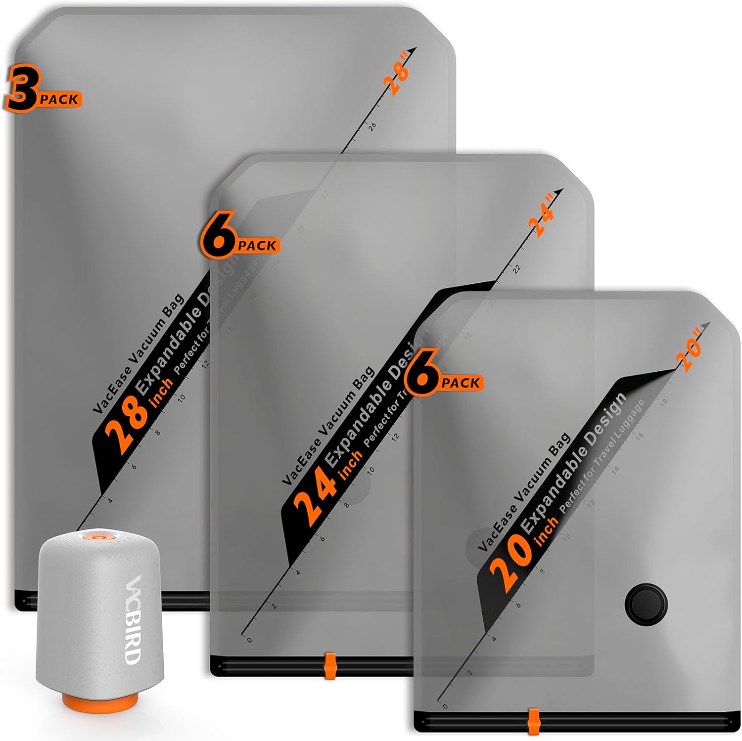 Vacbird Rechargeable Wireless Pump Travel Storage Bags Set - Portable Space Saver Bags for Travel & Home - Vacuum Compression Packing Seal for Clothes, Blankets, Seasonal Storage 15 Combo Set