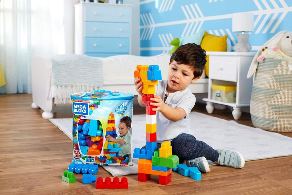 MEGA BLOKS First Builders Toddler Blocks Toys Set, Big Building Bag with 80 Pieces and Storage, Blue, Ages 1+ Years
