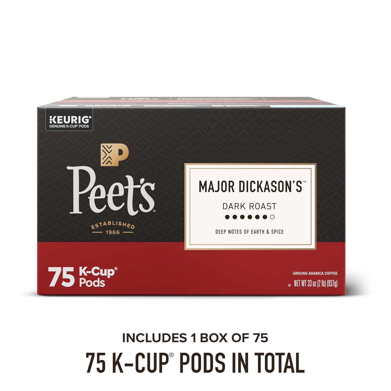 Peet's Coffee, Dark Roast Keurig K-Cup Pods, 100% Arabica Coffee - Major Dickason's Blend 75 Count (1 Box of 75 Pods)