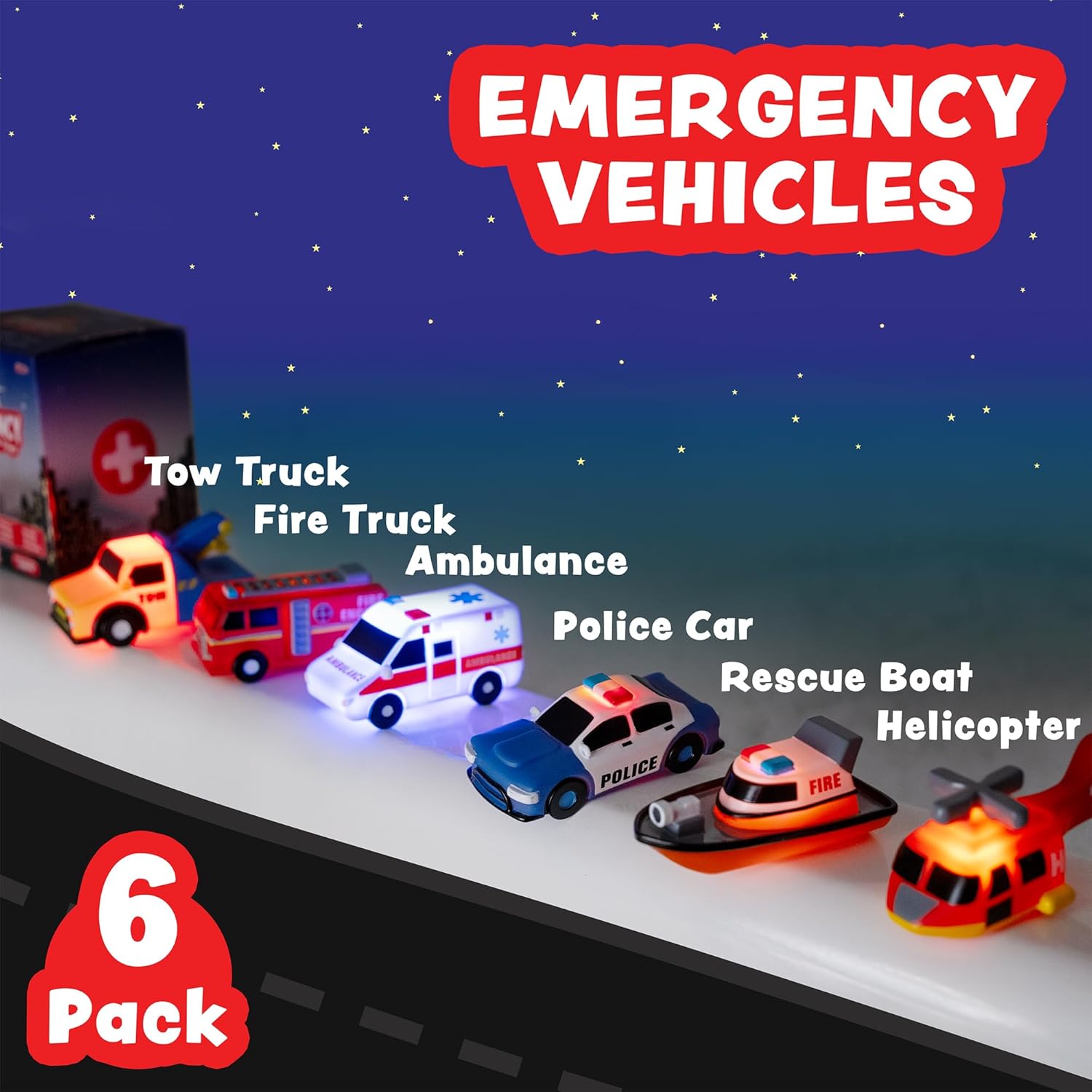 Tub Works® Emergency™ Cars Light Up Bath Toys, 6 Pack | Water-Activated Light Up Toys Flash & Change Color | Soft, Squeezable Baby & Toddler Bath Toys | Sensory Toys with Bath Lights for Kids Bath