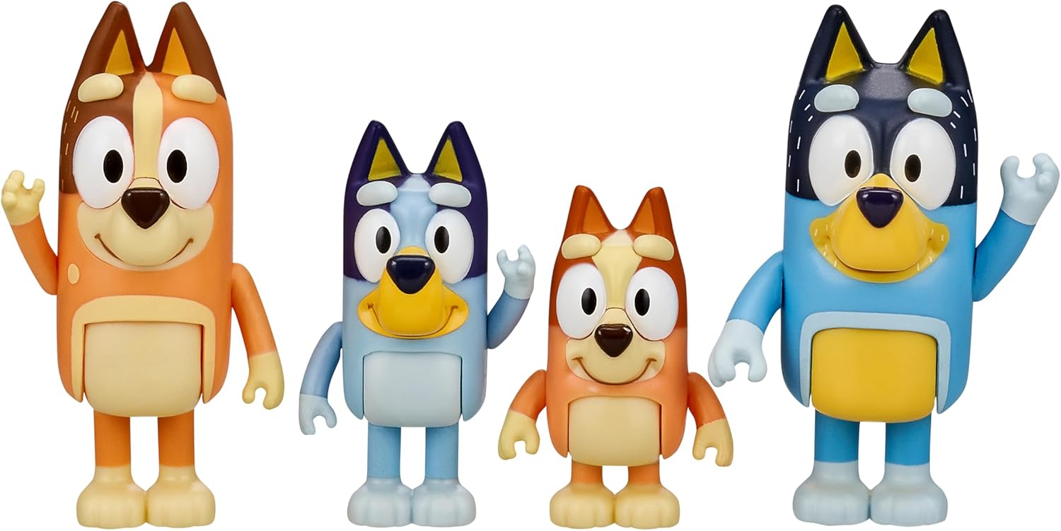 Bluey Family Figure Pack of 4, Robust Poseable Character Toys with Bingo, Chilli, and Bandit Figures, Toddler-Sized Animal Figurines for Kids Ages 3+