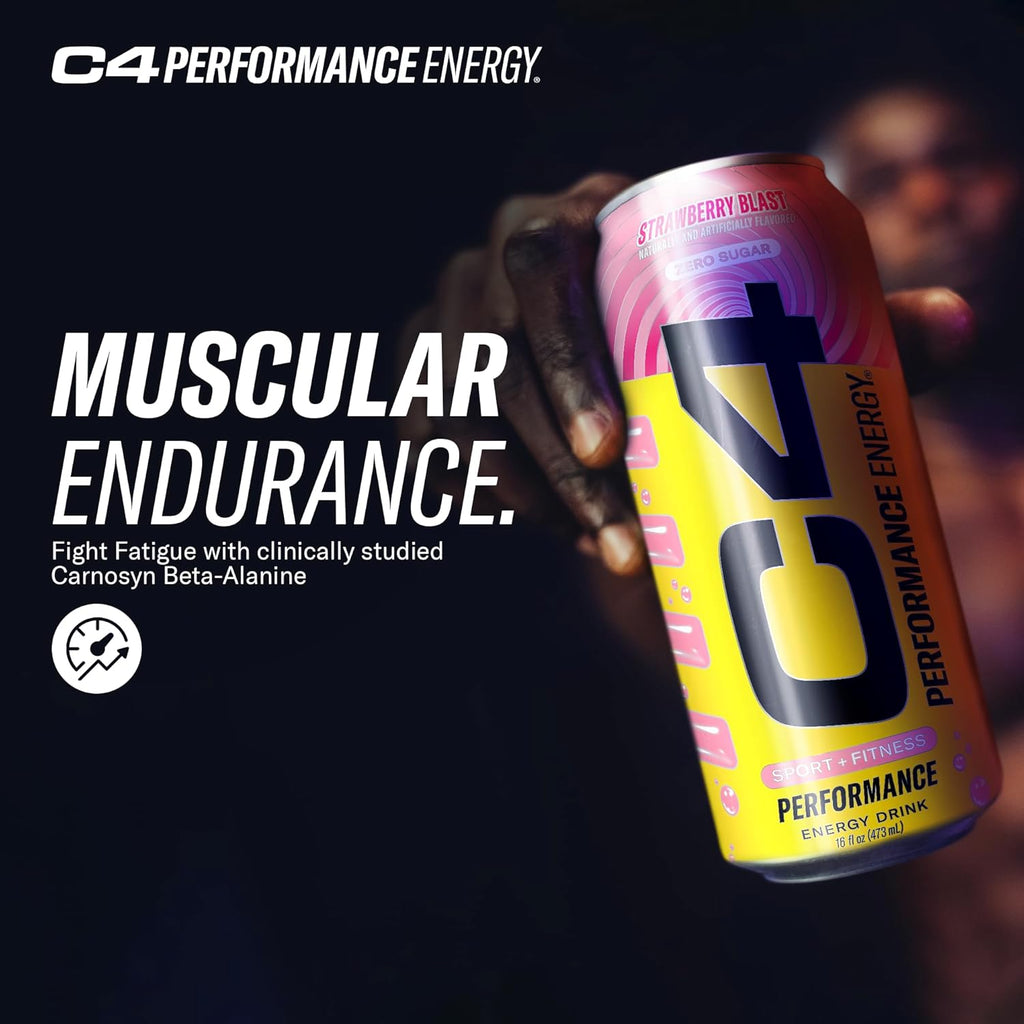 C4 Performance Energy Drink | Strawberry Blast | Zero Sugar Carbonated Preworkout Energy | 200mg Caffeine with Beta Alanine | 16 Fl Oz (12 Pack)