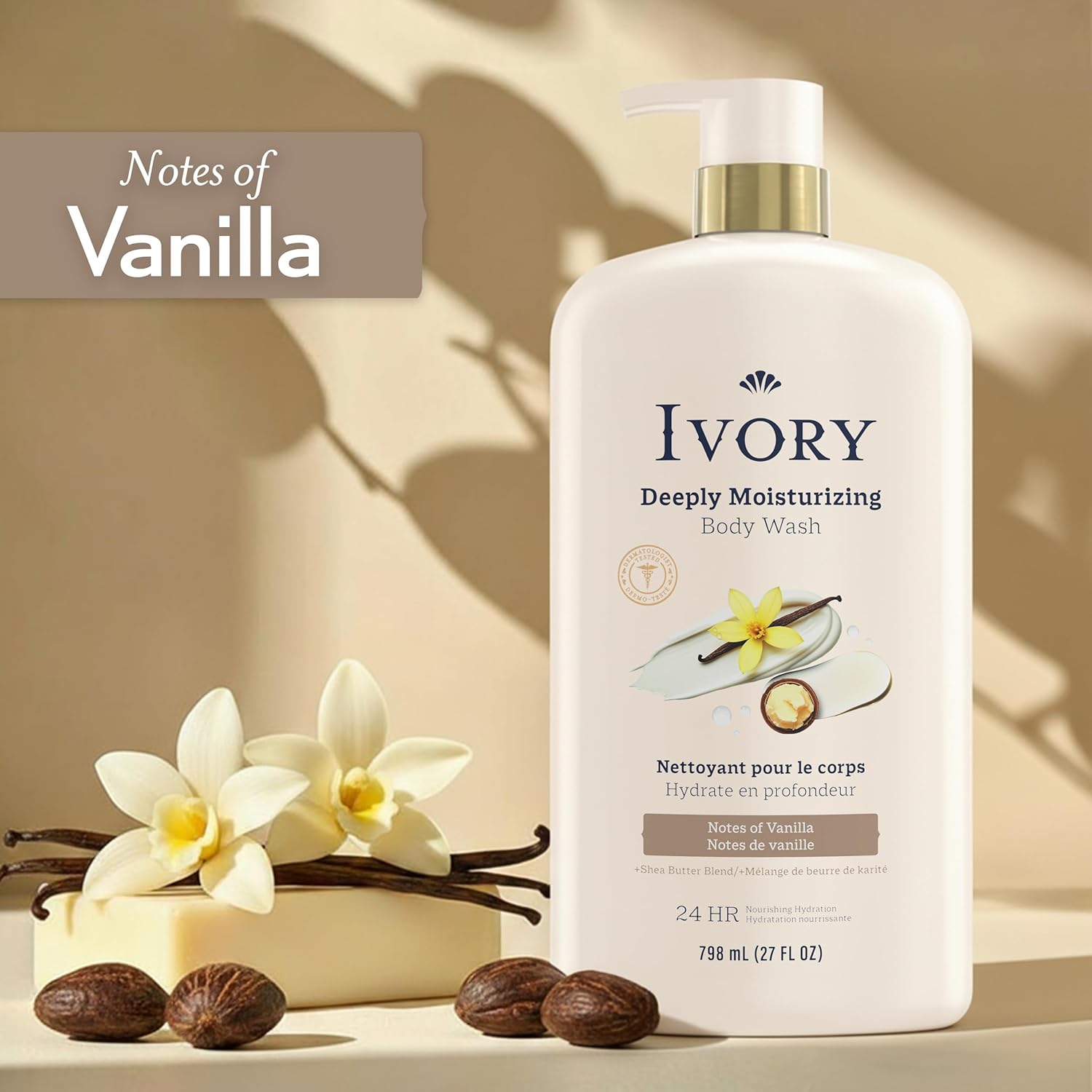 Ivory Body Wash, Deeply Moisturizing, 24hr Nourishing Hydration, Soothes Itchy Dry Skin, Made with Shea Butter Blend, Free of Dyes Heavy Perfumes Parabens & Phthalates, Vanilla Scent, 27 oz