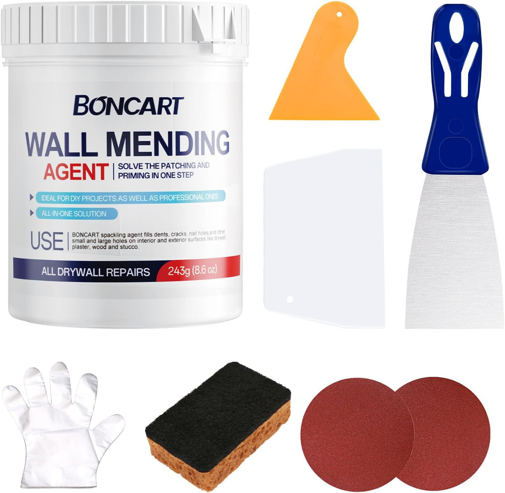 BONCART 8.6oz Drywall Patch Repair Kit - Professional All-in-1 Tool Set (Scrapers/Sandpaper/Texture Sponge/Gloves/Putty Knife) for Fast Wall Hole Repair