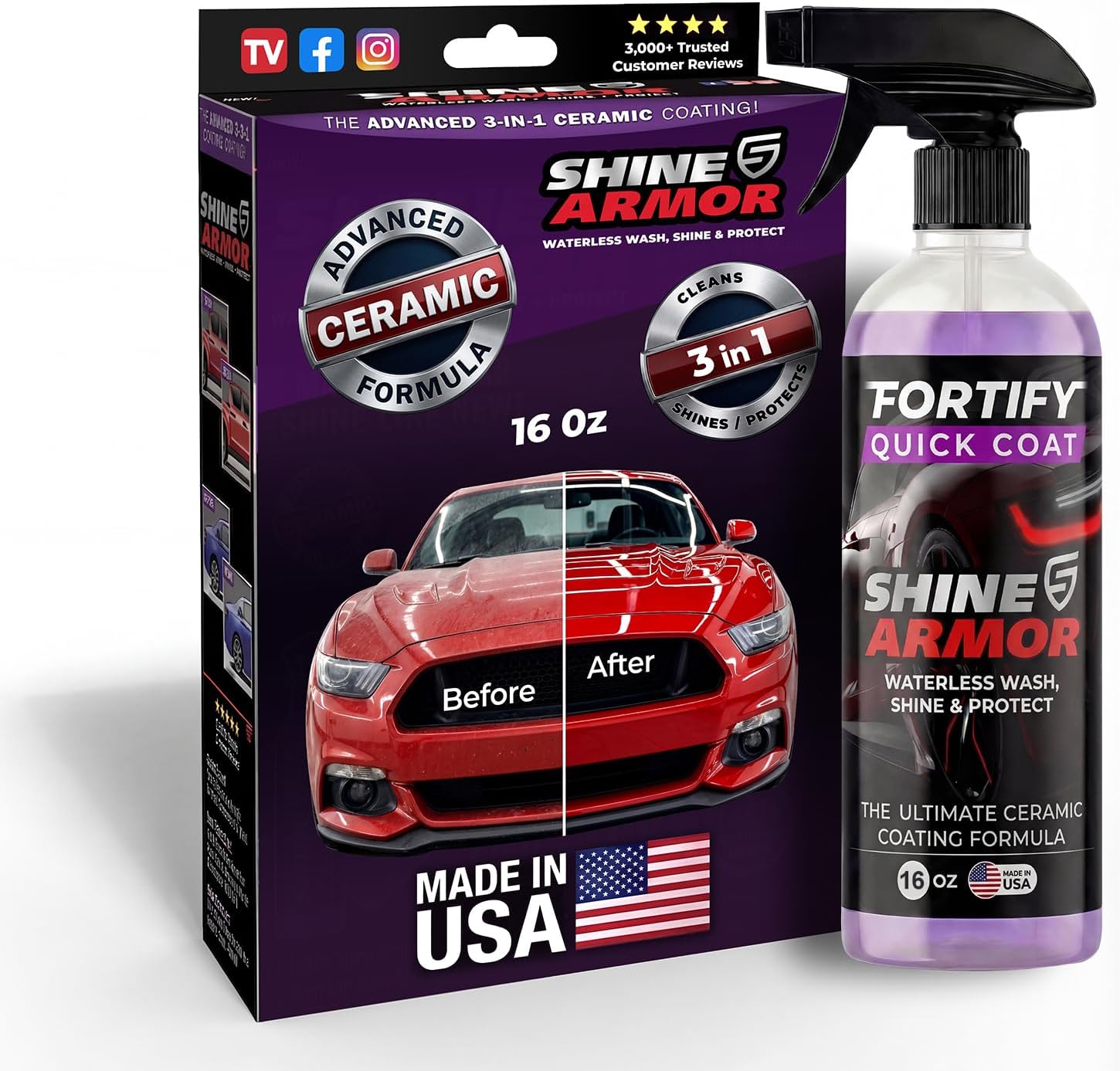 Car Wax Spray and Ceramic Coating for Cars - 3 in 1 Waterless Car Wash and Detailing - Quick Effect Coating Agent for Car - High Gloss Top Coat, Shiny Car Stuff by Shine Armor - Protective Wax 16FlOz