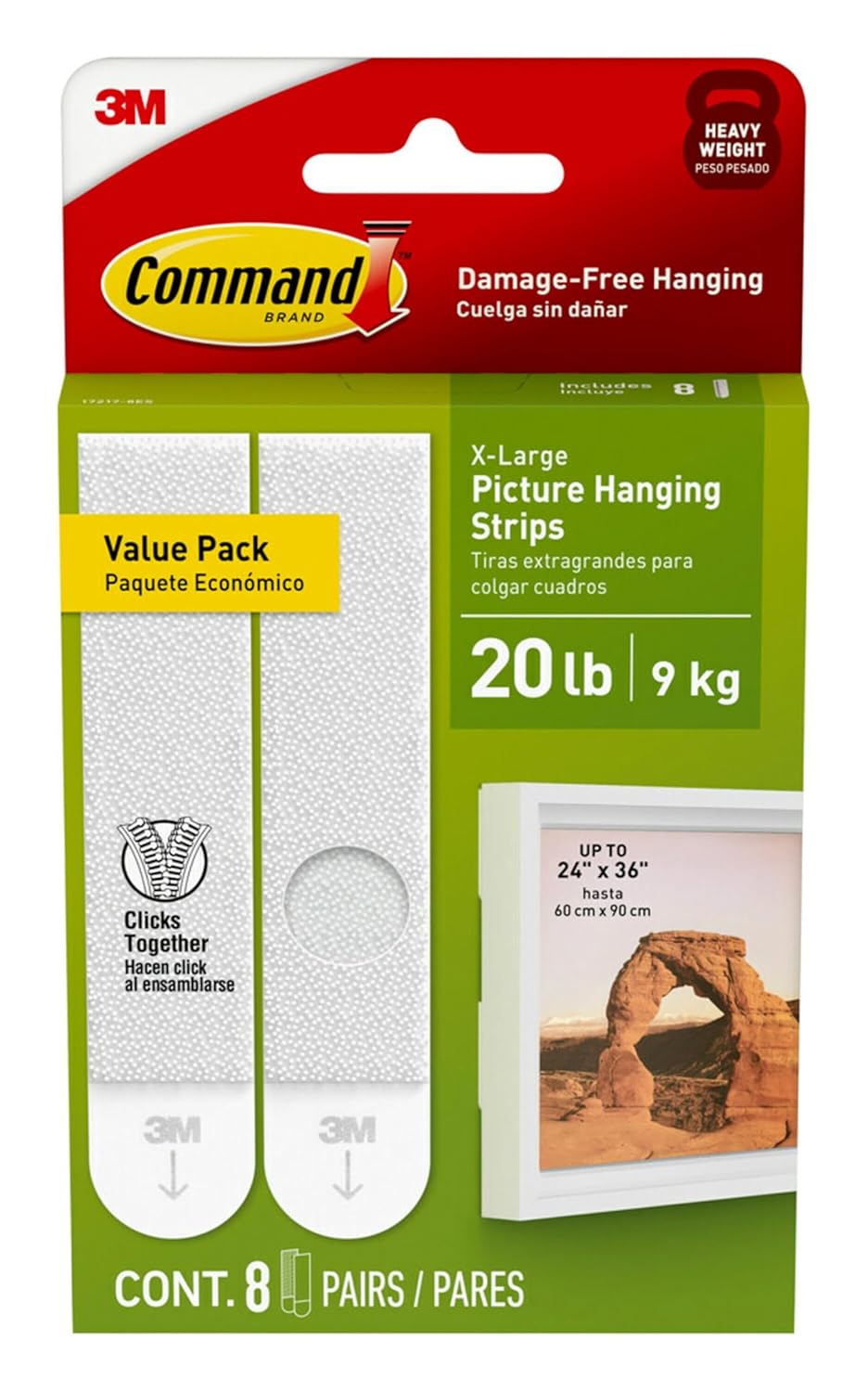 Command 20 lb XL 8 Pairs Heavyweight Picture Hanging Strips (16 Strips), Damage-Free Hangers for Picture Frames, No Tools Required, Ideal for Home Room Wall Decor, White Adhesive