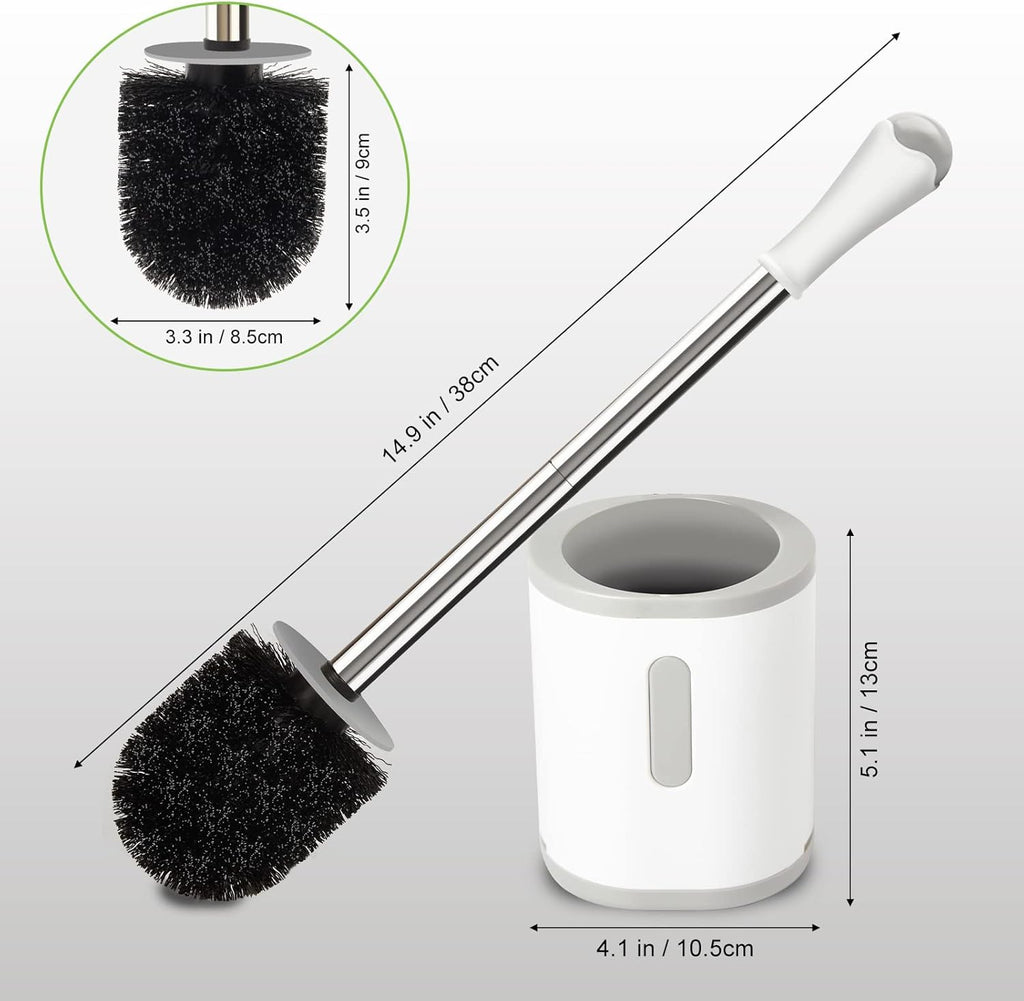 AONEZ Compact Toilet Brush & Holder, Stainless Steel Handle, Space Saving for Storage, Deep Cleaning, Drip-Proof, Easy to Assemble, Nylon Bristles, White & Grey