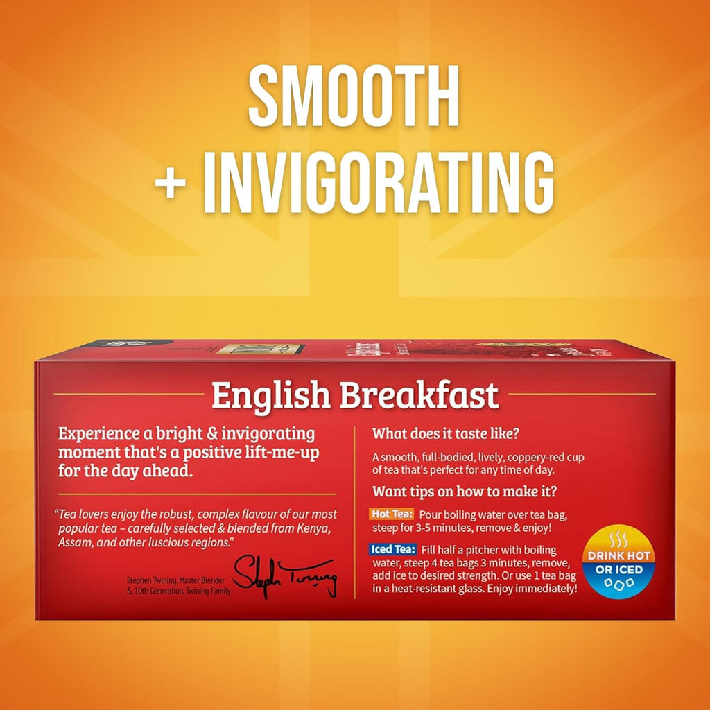 Twinings English Breakfast Black Tea Individually Wrapped Bags, 100 Count (Pack of 1), Smooth, Flavourful, and Robust, Caffeinated, Enjoy Hot or Iced, 100 Teabags