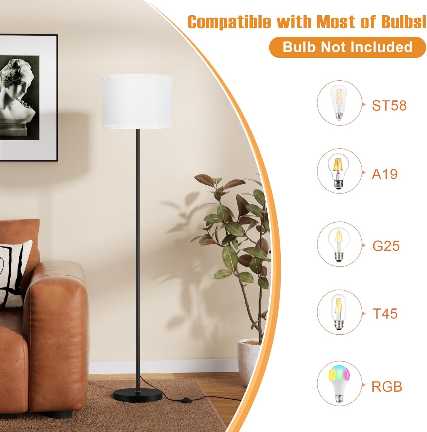 Modern Floor Lamp Simple Design with White Shade, Foot Pedal Switch, 60" Small Tall Lamps for Living Room Bedroom Office Dining Room Kitchen, Black Pole Lamp(Without Bulb)