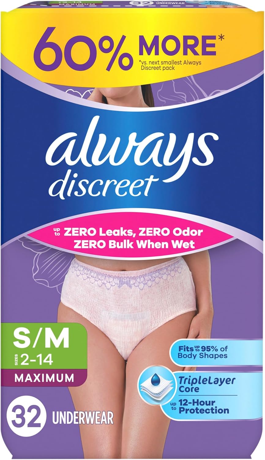 Always Discreet Adult Diapers for Women, Incontinence Underwear, Postpartum Essentials, Disposable Briefs, Max Absorbency, Bladder Leak Protection, Small/Medium, 32ct