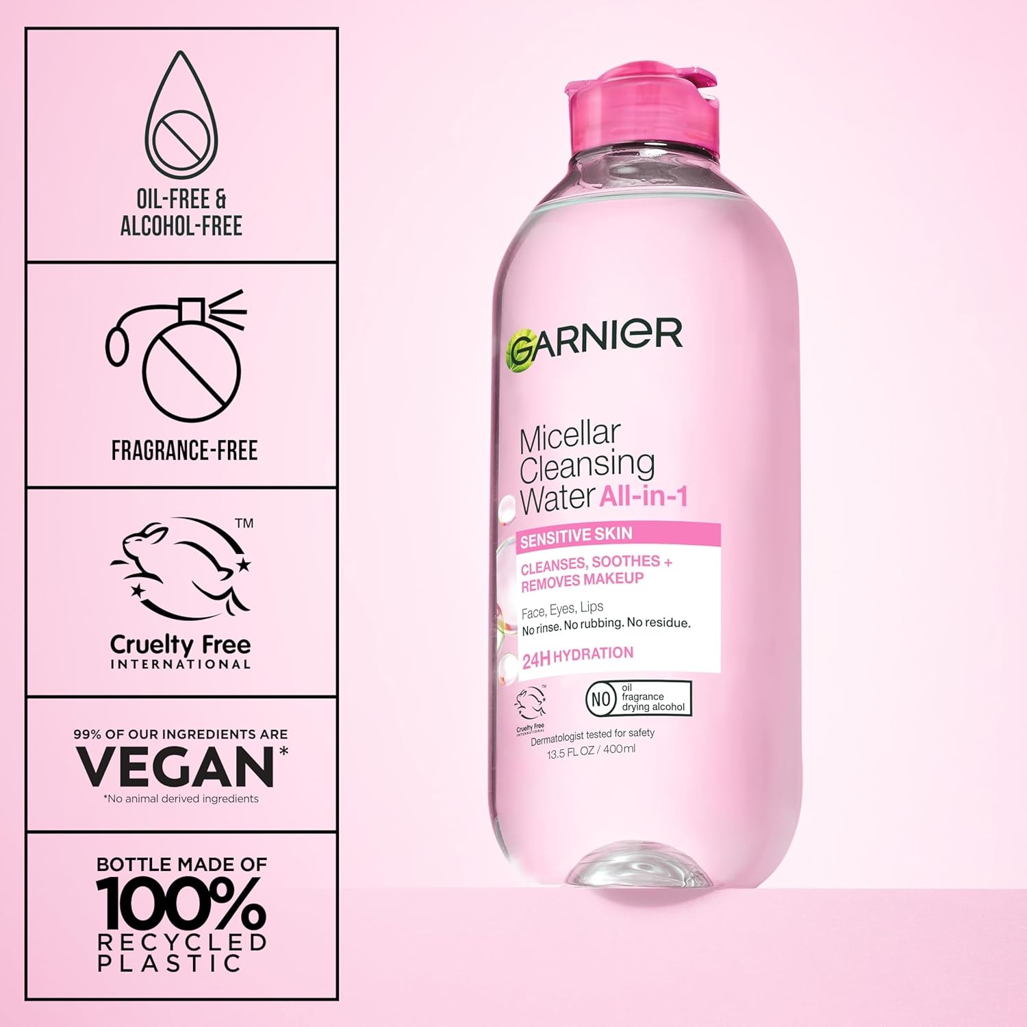 Garnier Micellar Water, Hydrating Facial Cleanser & Makeup Remover, Suitable for Sensitive Skin, Vegan, Cruelty Free, 13.5 Fl Oz (400mL), 2 Count