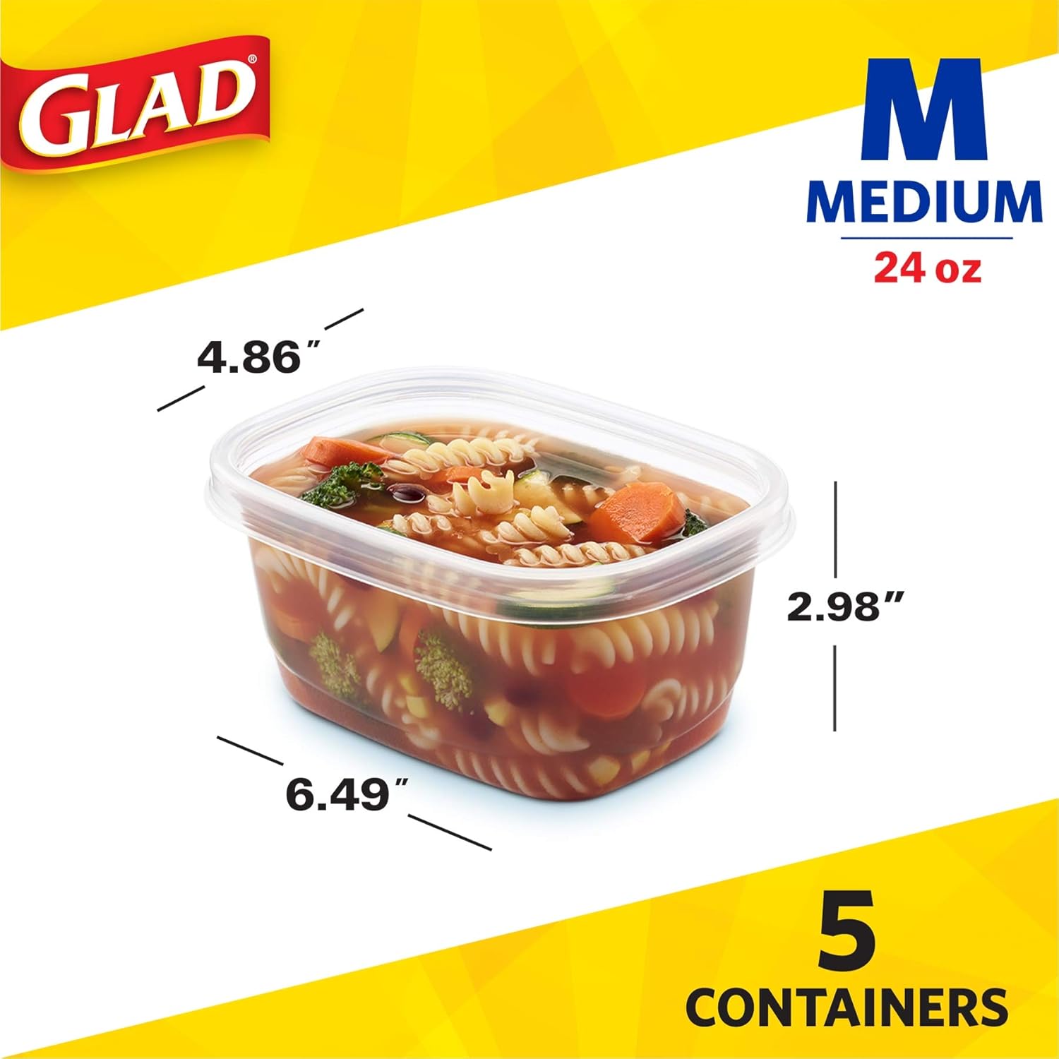 Glad GladWare Medium Rectangle Food Storage Containers with Lids, BPA Free Plastic for Soups Salads and Meal Prep, Airtight Leak Resistant, Microwave Dishwasher Freezer Safe, 24 Oz, 5 Count