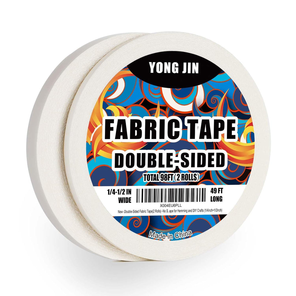 YONGJIN Double-Sided Fabric Tape (2 Rolls) - No Sewing or Ironing Required, Perfect for Quick Clothing Repairs, Fabric Bonding, Adhesive Cloth Tape for Hemming and DIY Crafts (1/4inch+1/2inch)