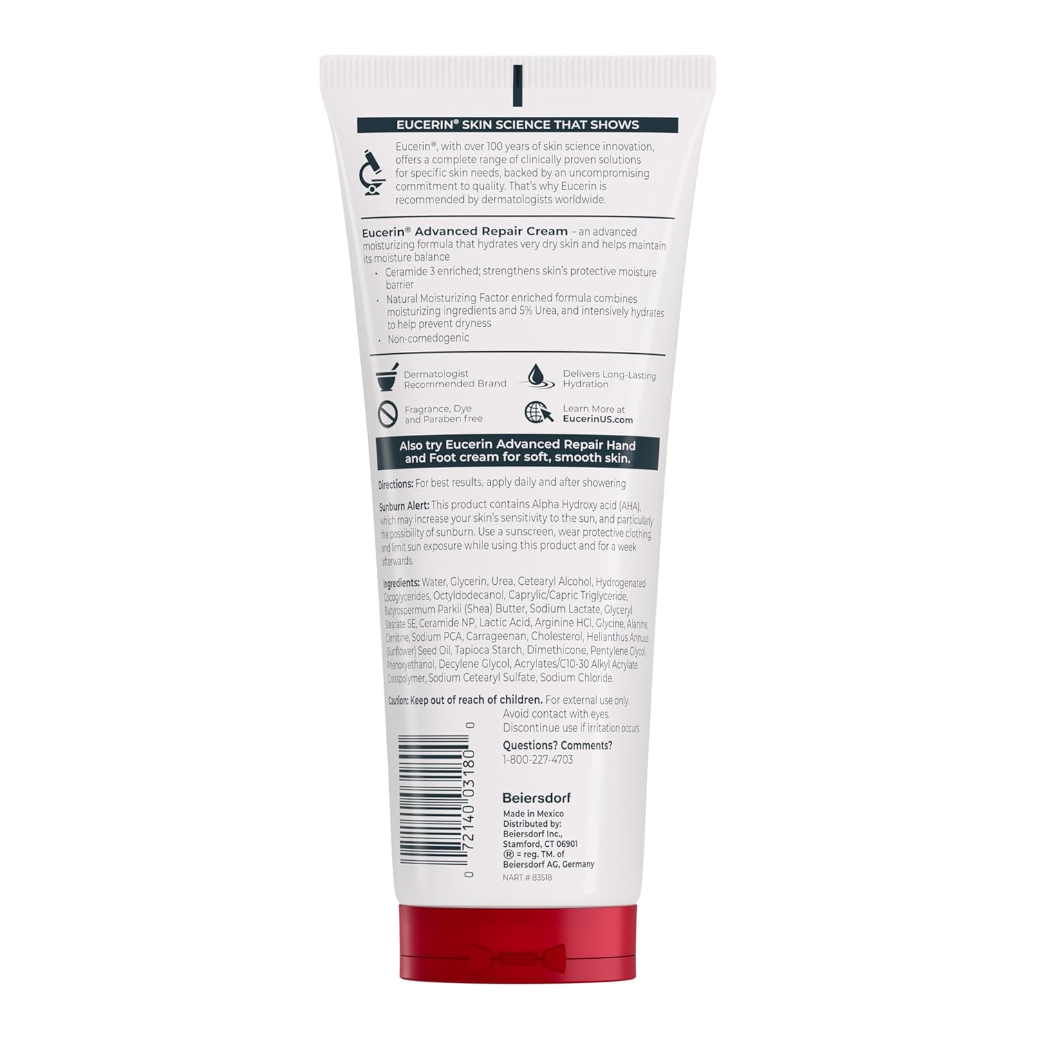 Eucerin Advanced Repair Body Cream for Very Dry Skin, Fragrance Free Daily Body Moisturizer, 8 Oz Tube
