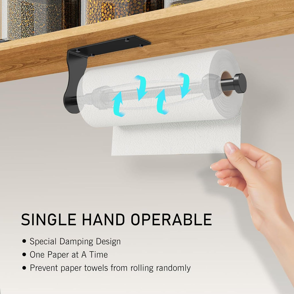 SetSail Paper Towel Holder, Single Hand Operable Paper Towel Holder Under Cabinet with Adjustable Damper, Easy Tear, Wall Mount, Self-Adhesive or Drilled for Kitchen Bathroom, Black