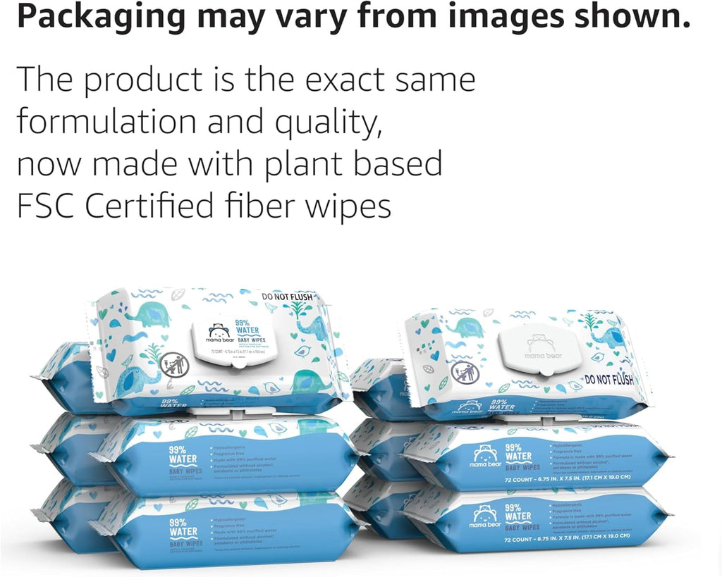 Amazon Brand - Mama Bear 99% Water Baby Wipes, Hypoallergenic, Fragrance Free,72 Count (Pack of 6)