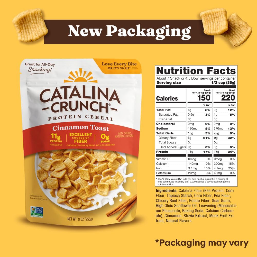 Catalina Crunch Protein Cereal | Sugar Free Breakfast Cereal with 11g of Protein | Gluten Free, Excellent Source of Fiber | Cinnamon Toast - 9 oz. Bag (Pack of 1) (Packaging May Vary)