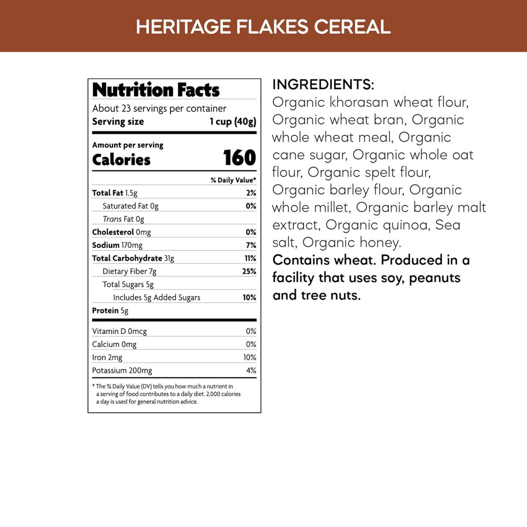 Nature's Path Organic Heritage Flakes® Cereal, 33.5 oz (Pack of 1), Ancient Grains, 23g Whole Grains, Non-GMO