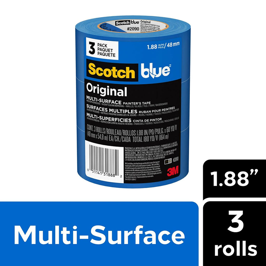 ScotchBlue Original Multi-Surface Painters Tape, 2 Inch Wide (1.88 in. x 60 Yds), 3 Rolls, Blue Paint Tape Protects and Removes Easily, Masking Tape for Indoor and Outdoor Use (2090-48EP3)
