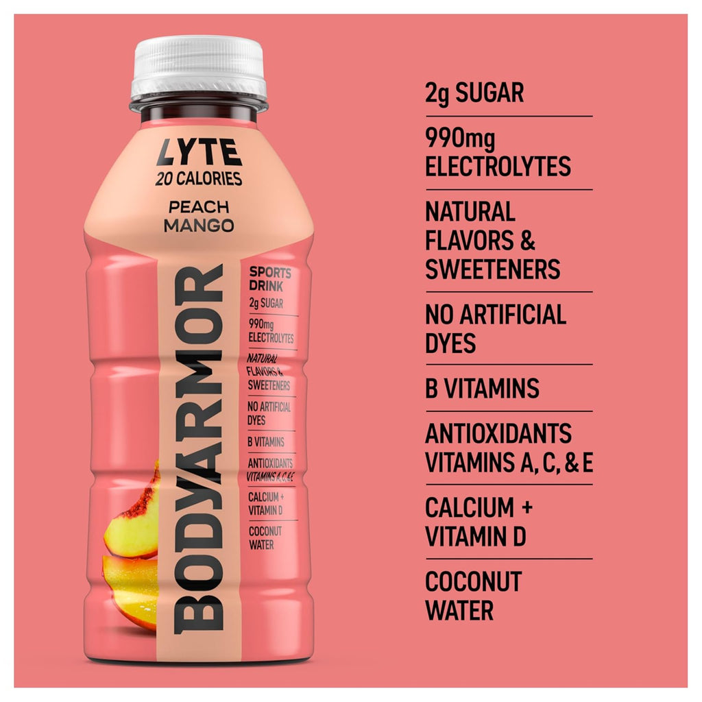 BODYARMOR LYTE, Peach Mango, Electrolyte Drink, 20 Calories, 16 Fl Oz Bottles (12 Pack), Coconut Water Sports Drink, Natural Flavor & B Vitamins