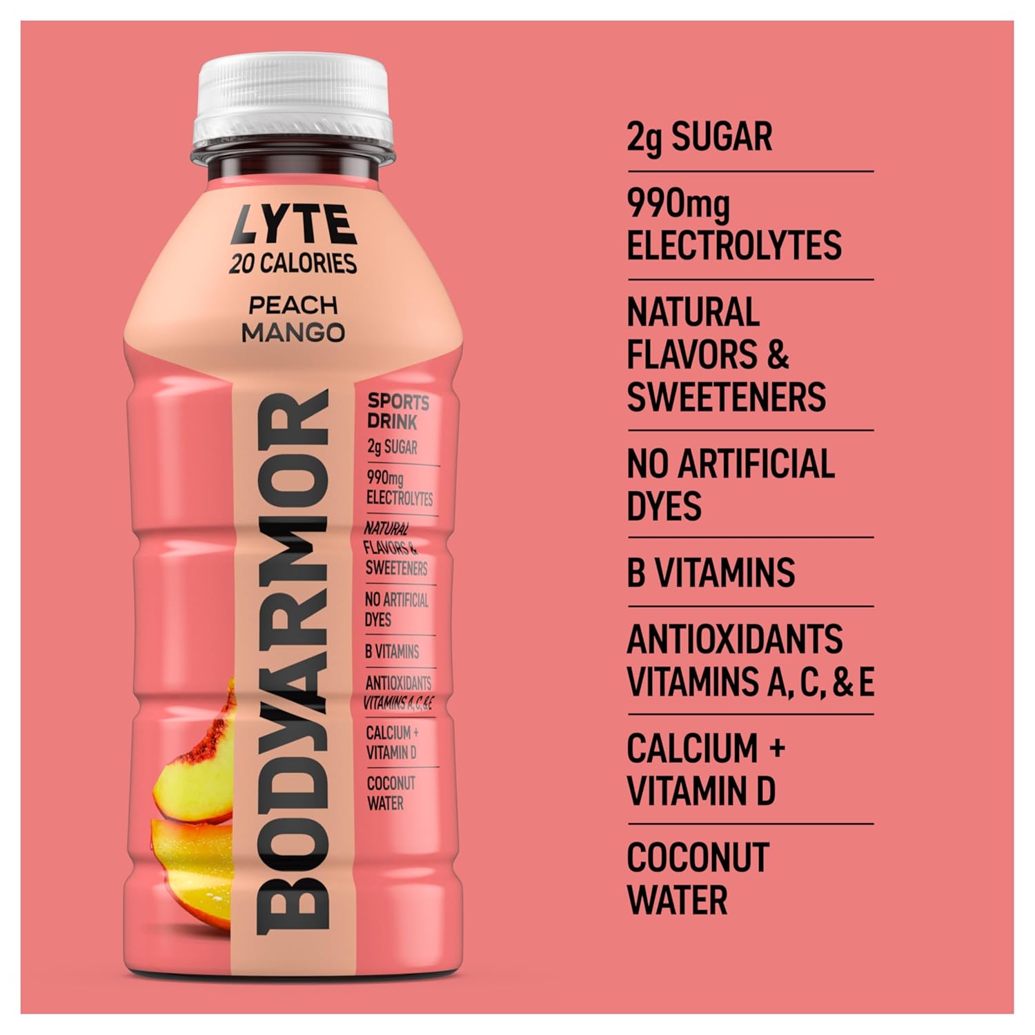 BODYARMOR LYTE, Peach Mango, Electrolyte Drink, 20 Calories, 16 Fl Oz Bottles (12 Pack), Coconut Water Sports Drink, Natural Flavor & B Vitamins