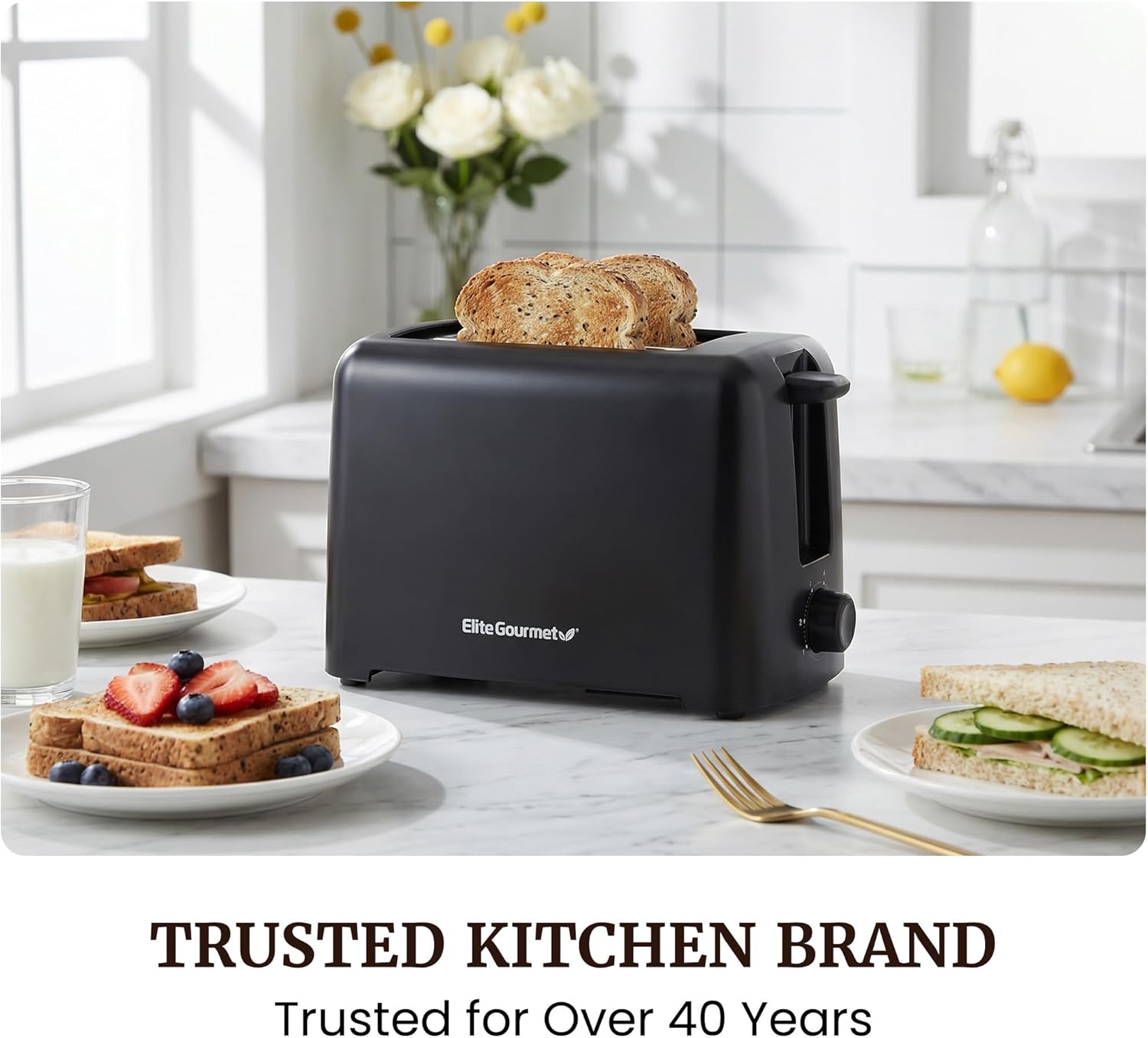 Elite Gourmet 2-Slice Cool Touch Toaster – 6 Browning Levels, Extra Wide 1.25” Slots for Bagels & Thick Bread, Cancel Function, Compact, ETL Certified, Black