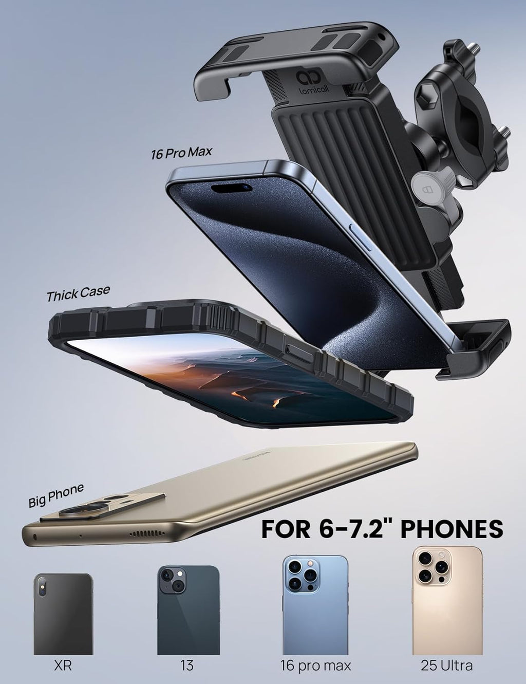 Lamicall Bike Motorcycle Phone Mount - [1s Quick Lock] Bike Cell Phone Holder Clip, Bicycle Scooter Handlebar Clamp, for iPhone Air, 17 16 15 Pro Max, Galaxy S25 S24 Ultra, 6-7.2" Phones