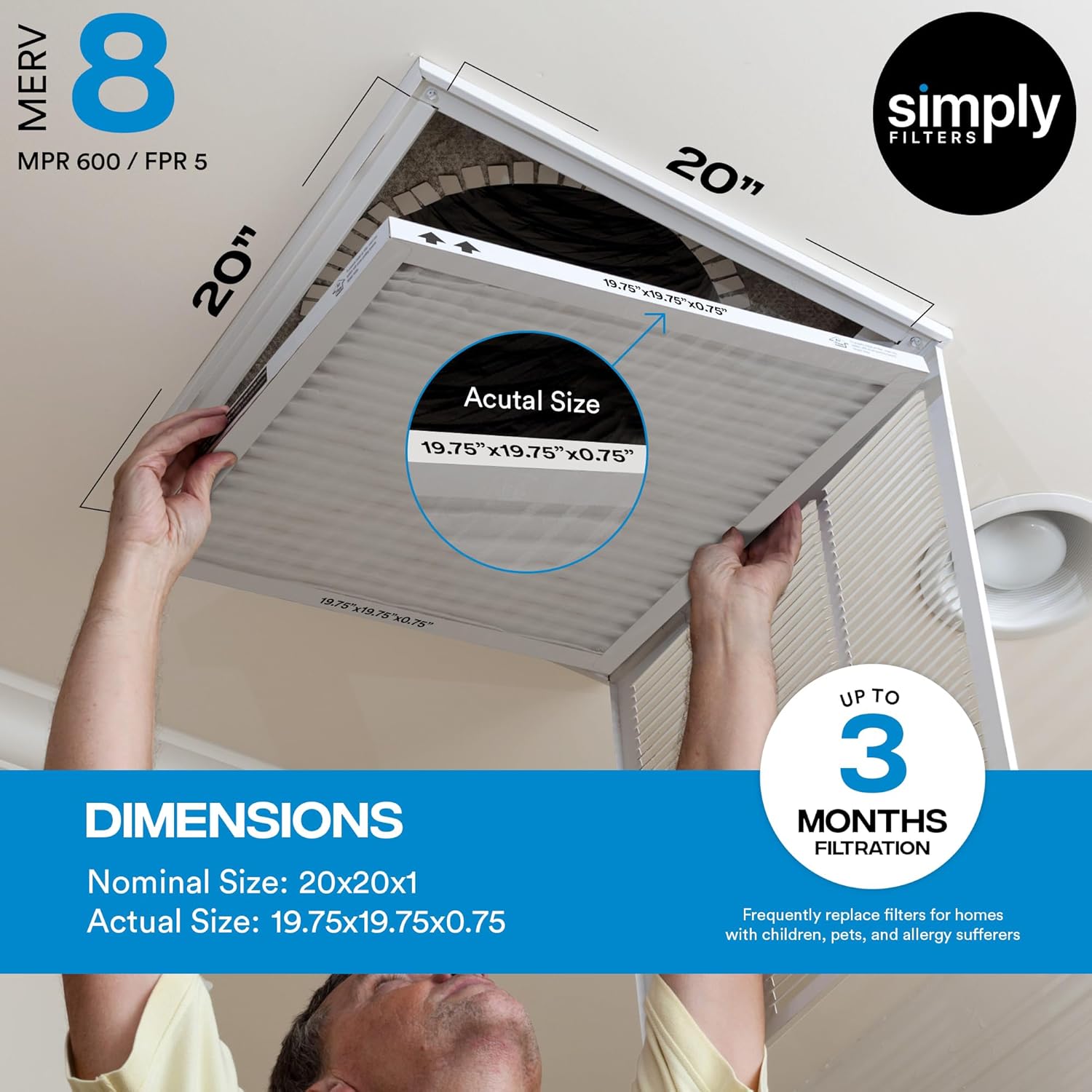 Simply 20x20x1 Air Filter, Merv 8, MPR 600, 6 Pack, Furnace Air Filter for HVAC (Actual Size: 19.75"x19.75"x0.75") DUST, Pet, & Allergy Control