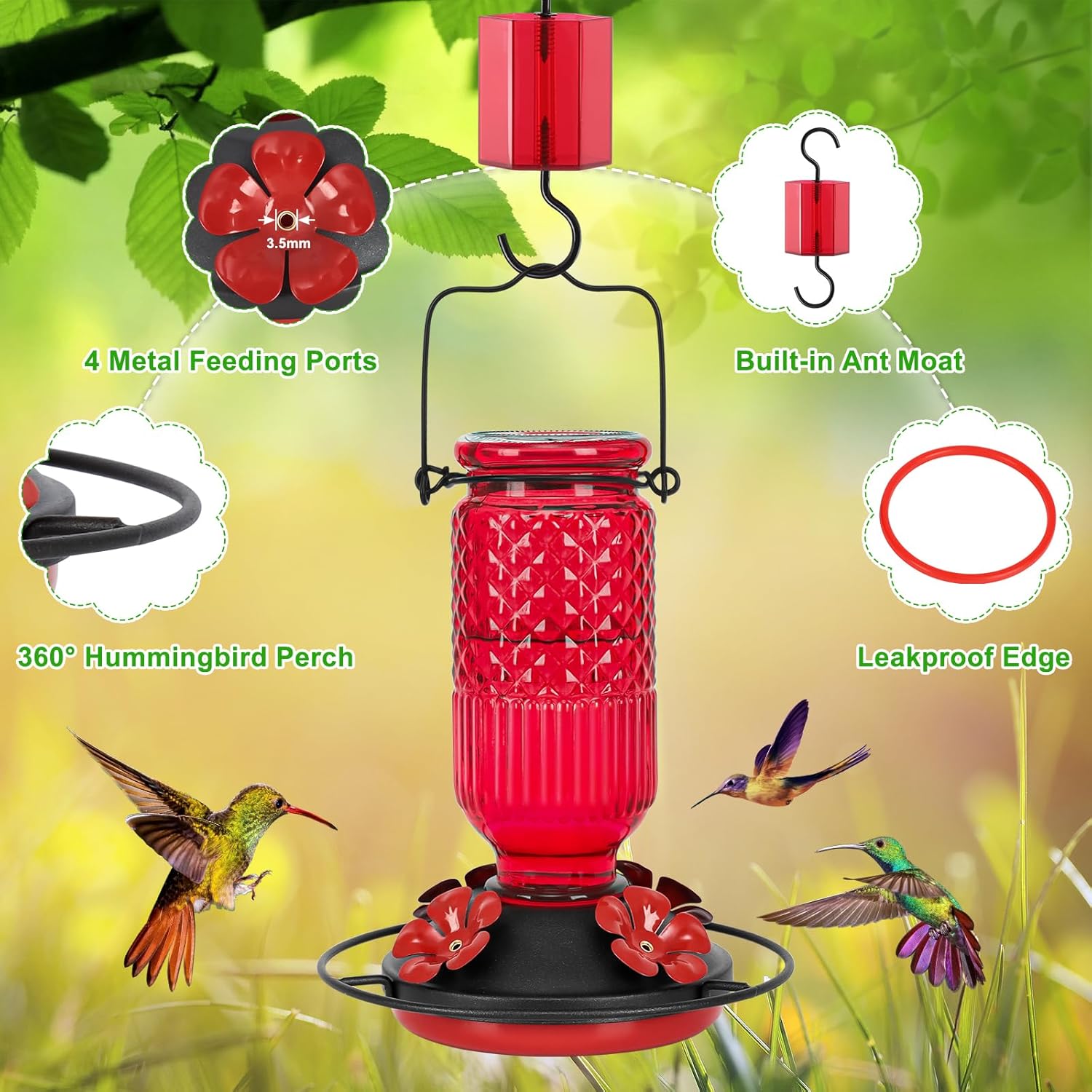 FEED GARDEN Glass Hummingbird Feeder, 16oz Outdoor Hanging Bird Feeder with Ant Moat, 4 Bee-Proof Feeding Ports, 360° Perch, Leak-Proof, Red