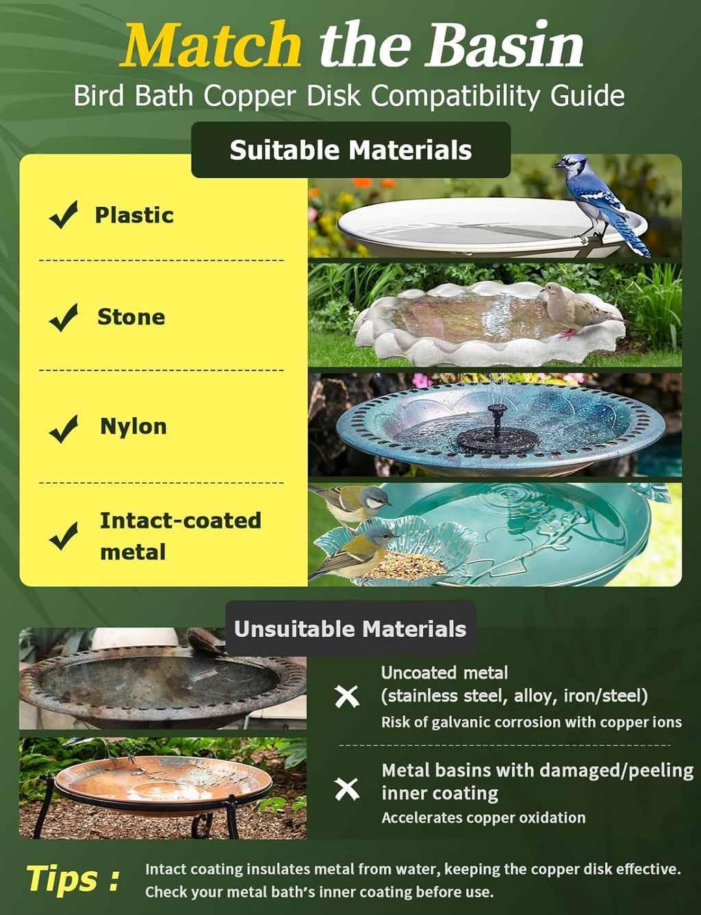 Mellbree Bird Bath Copper Disk, 0.6mm Reinforced 99.99% Pure Copper Cleaning Disk for Physical Safe Clean Water All-Season, Universal Fit for Outdoor Birdbaths, Bowl, Bird Bath Solar