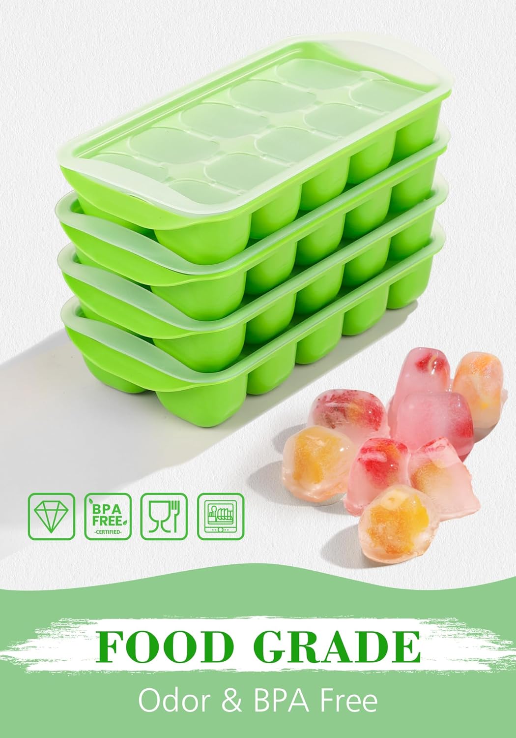 DOQAUS Ice Cube Tray with Lid and Bin - 4 Pack Ice Bucket Kits, Stackable Silicone Ice Trays for Freezer, Easy Pop Out, BPA Free for Cocktail, Coffee, Soup, Food, RV, Kitchen