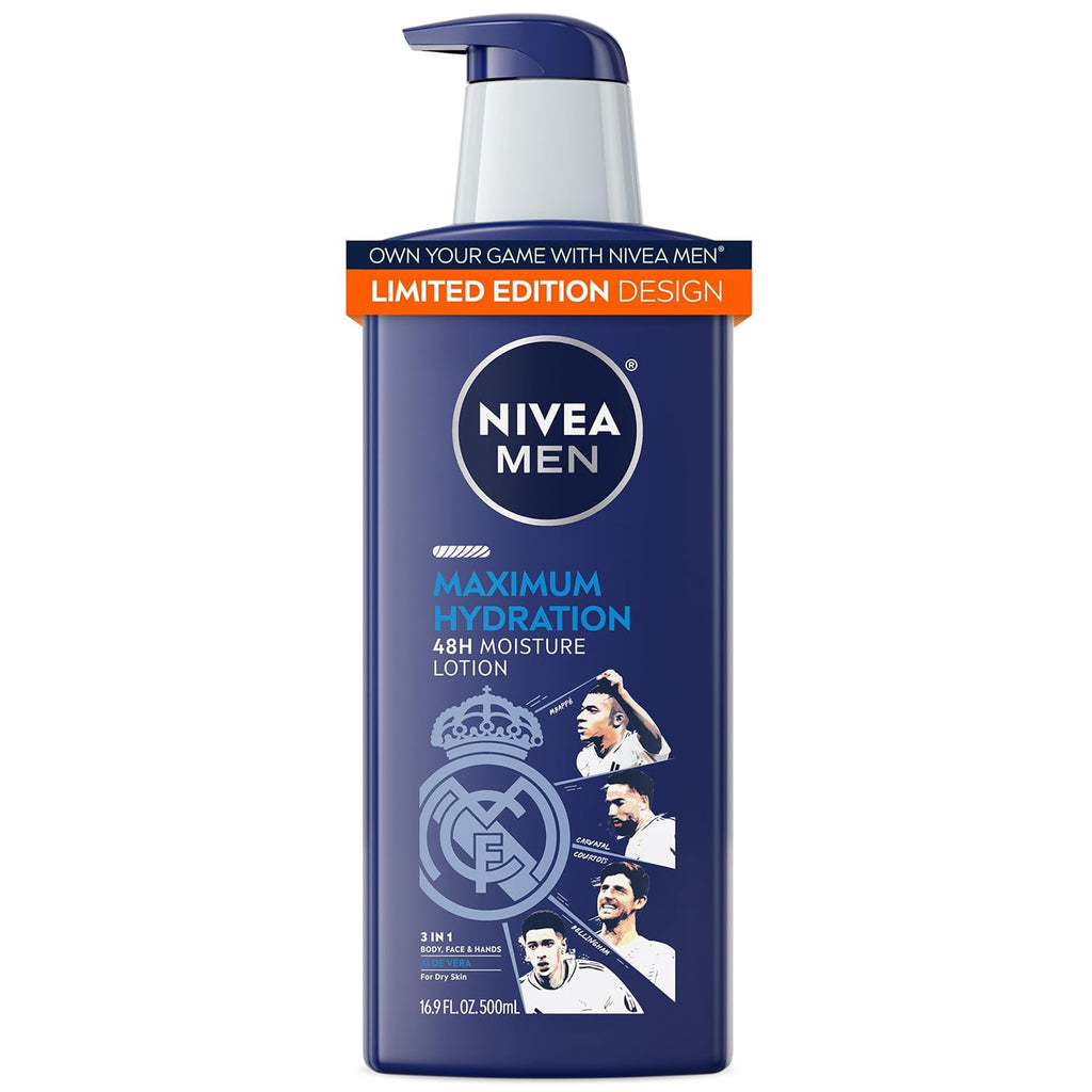 NIVEA MEN Real Madrid Limited Edition Design Maximum Hydration 48-Hour Moisture Body Lotion for Dry Skin, Aloe Vera Lotion for Men, 3-in-1 Body, Face and Hands, 16.9 Fl Oz Bottle