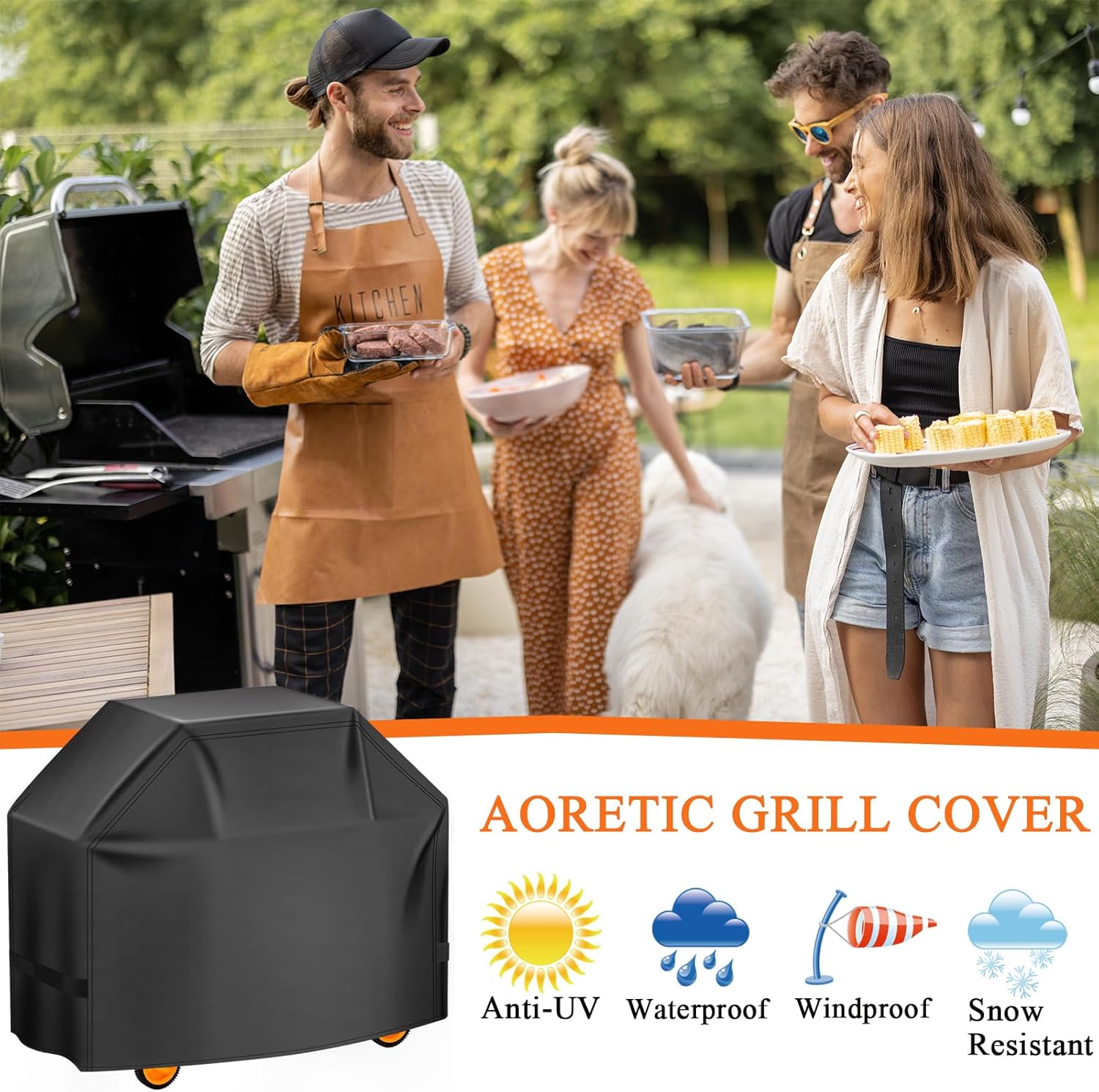 Aoretic Grill Cover, 58 inch BBQ Gas Grill Cover for Outdoor Grill, Charbroil Grill Cover Barbecue Waterproof, Anti-UV for Weber Char-Broil Monument, Dyna-glo Nexgrill Spun Polyester