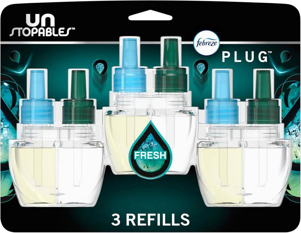 Febreze Plug-in Air Freshener, Odor-Fighting Scented Oil Refill, Air Fresheners for Home, Bathroom and Kitchen, Long Lasting, Unstopables Fresh Scent, 0.87oz Refills, Multi Color, 3 Count