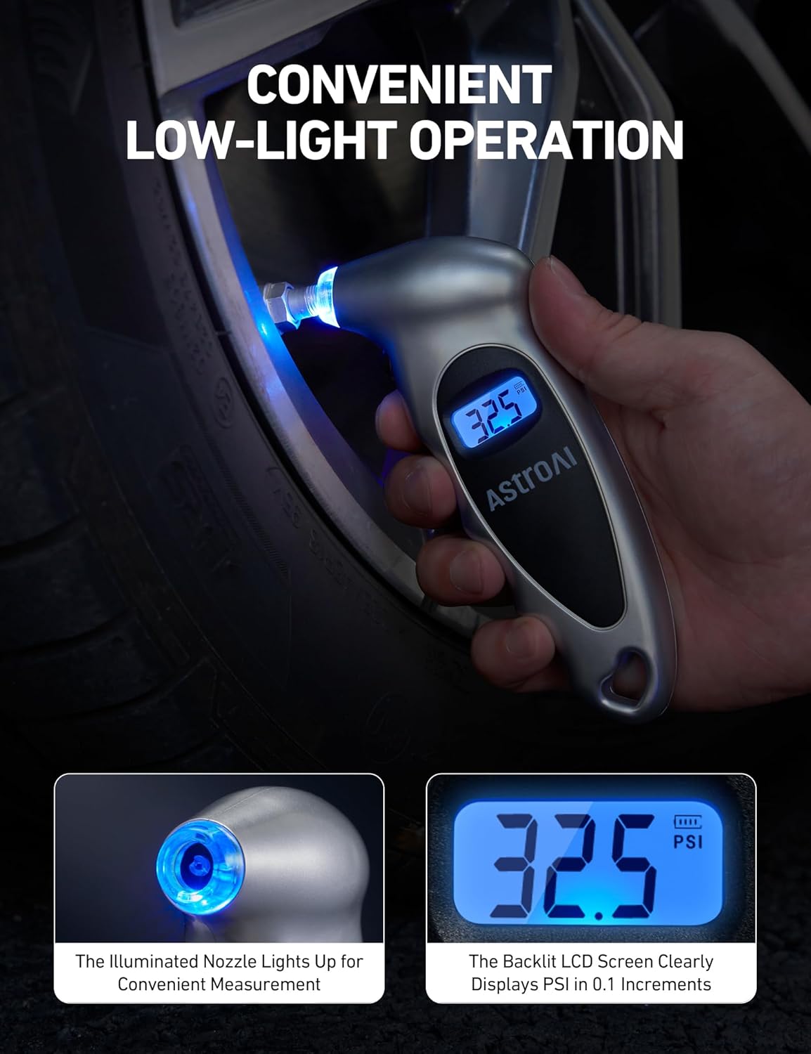 AstroAI Digital Tire Pressure Gauge 0-150PSI Calibrated to ANSI B40.7 +/-1PSI, Accurate in 0.1 Increments, 4 Pressure Measurements for Car Truck Bicycle with Backlight LCD, Silver