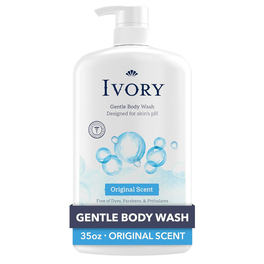 Ivory Body Wash, Designed for the Whole Family, Gentle Formula, Free of Dyes Heavy Perfumes Parabens Phthalates & Silicones, for Sensitive Skin, Designed for Skin's pH, Original Scent, 35 oz