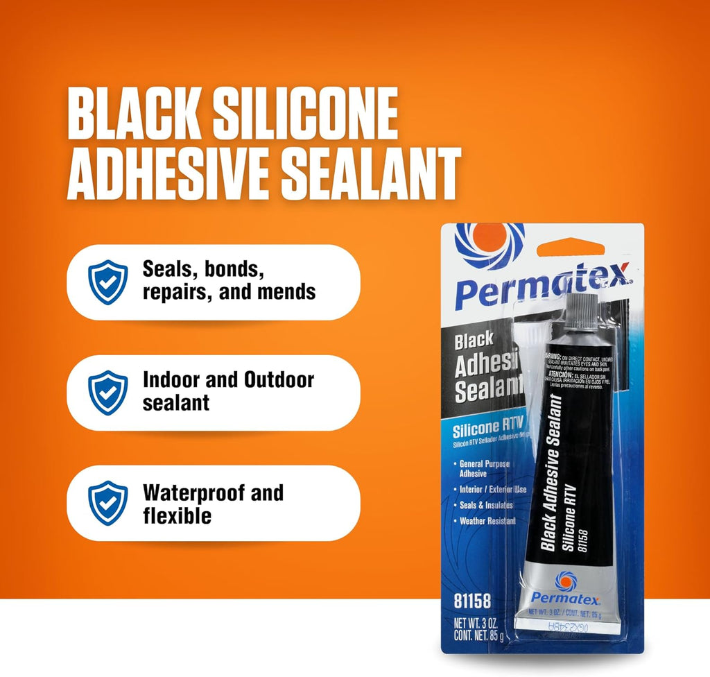 Permatex 81158 Black Silicone Adhesive Sealant, 3 oz. Tube, Pack of 1
