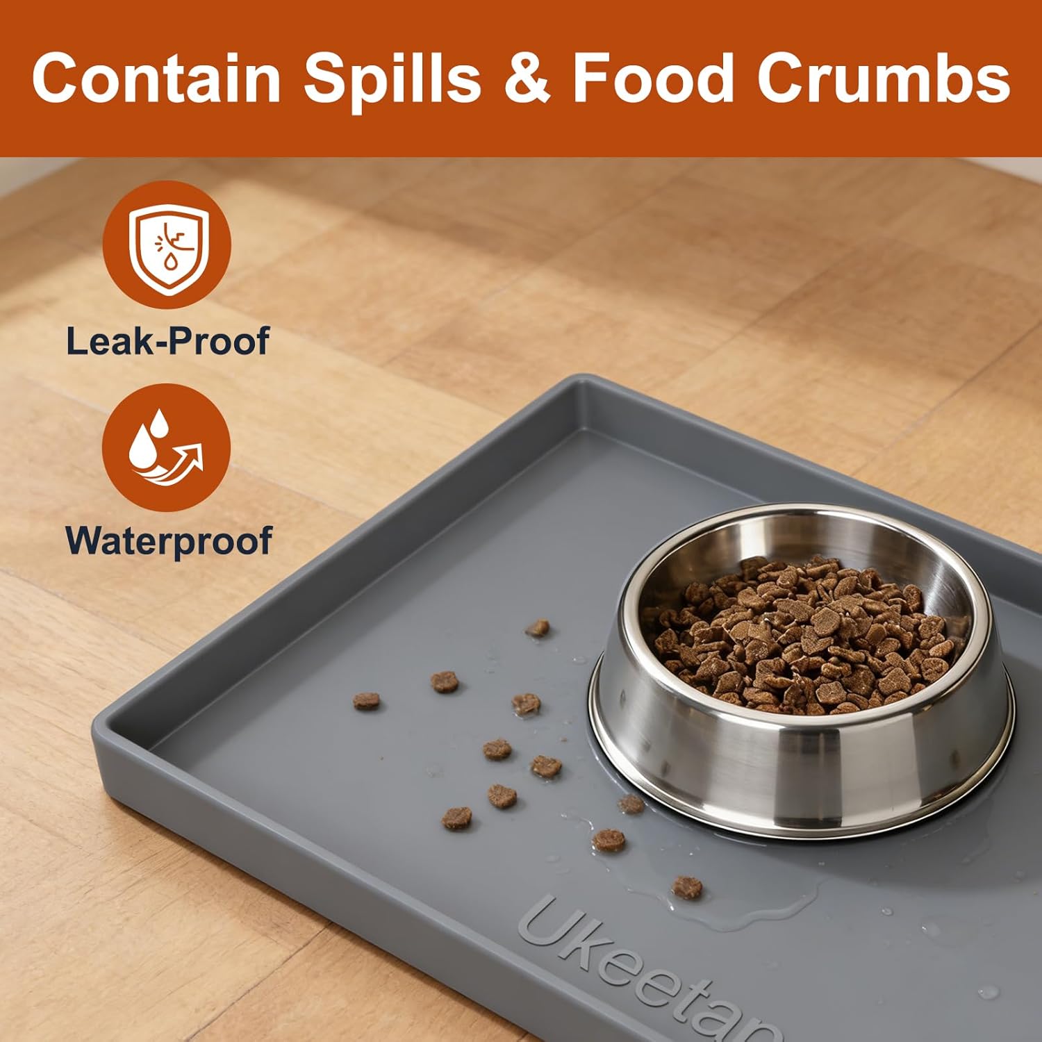 ukeetap Extra Thick Silicone Mat Waterproof with Raised Edge 19” x 12”, BPA Free Non-Slip Dog & Cat Food Mat, Feeding Mat for Food and Water Bowls, Spill Proof Mat to Protect Floors, Gray