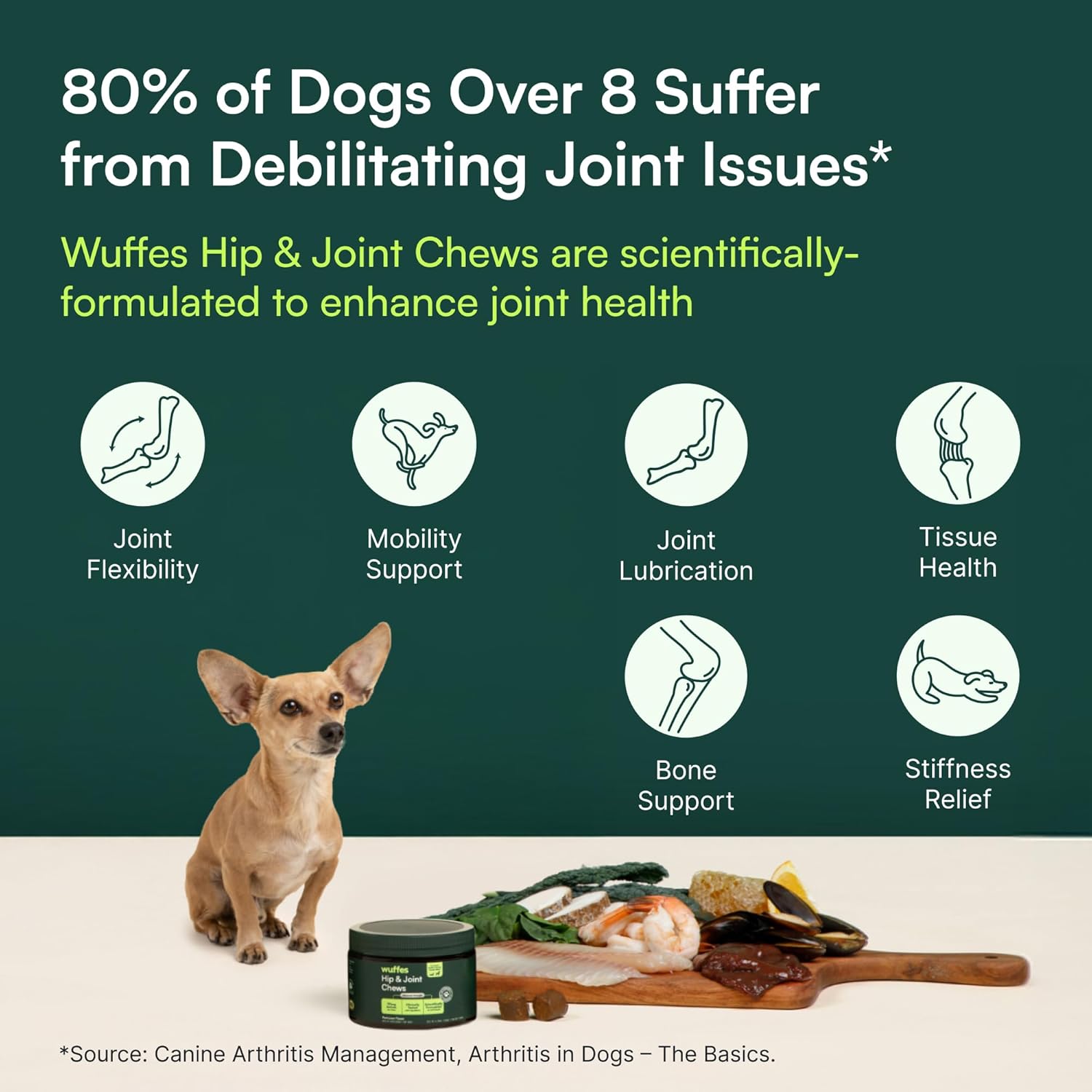 Wuffes Advanced Dog Hip and Joint Supplement with Glucosamine, Chondroitin, Omega 3, MSM, and Green Lipped Mussel, 60 Pork Flavored Chews for Small and Medium Dog Breeds