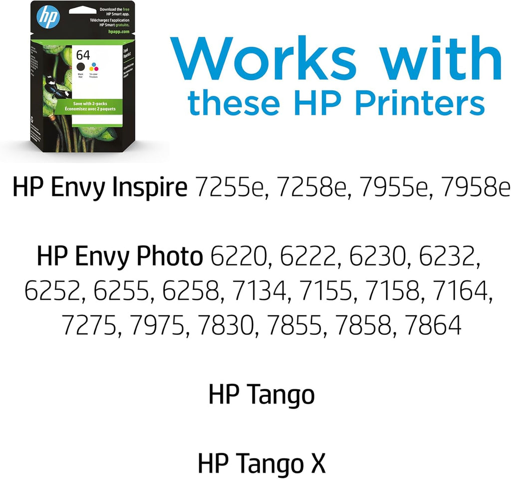 HP 64 Black & Tri-Color Ink Cartridges Printers (Combo Pack) | Works with Printer Series: Inspire 7950e; Envy Photo 6200, 7100, 7800; Tango | Eligible for Instant Ink | X4D92AN