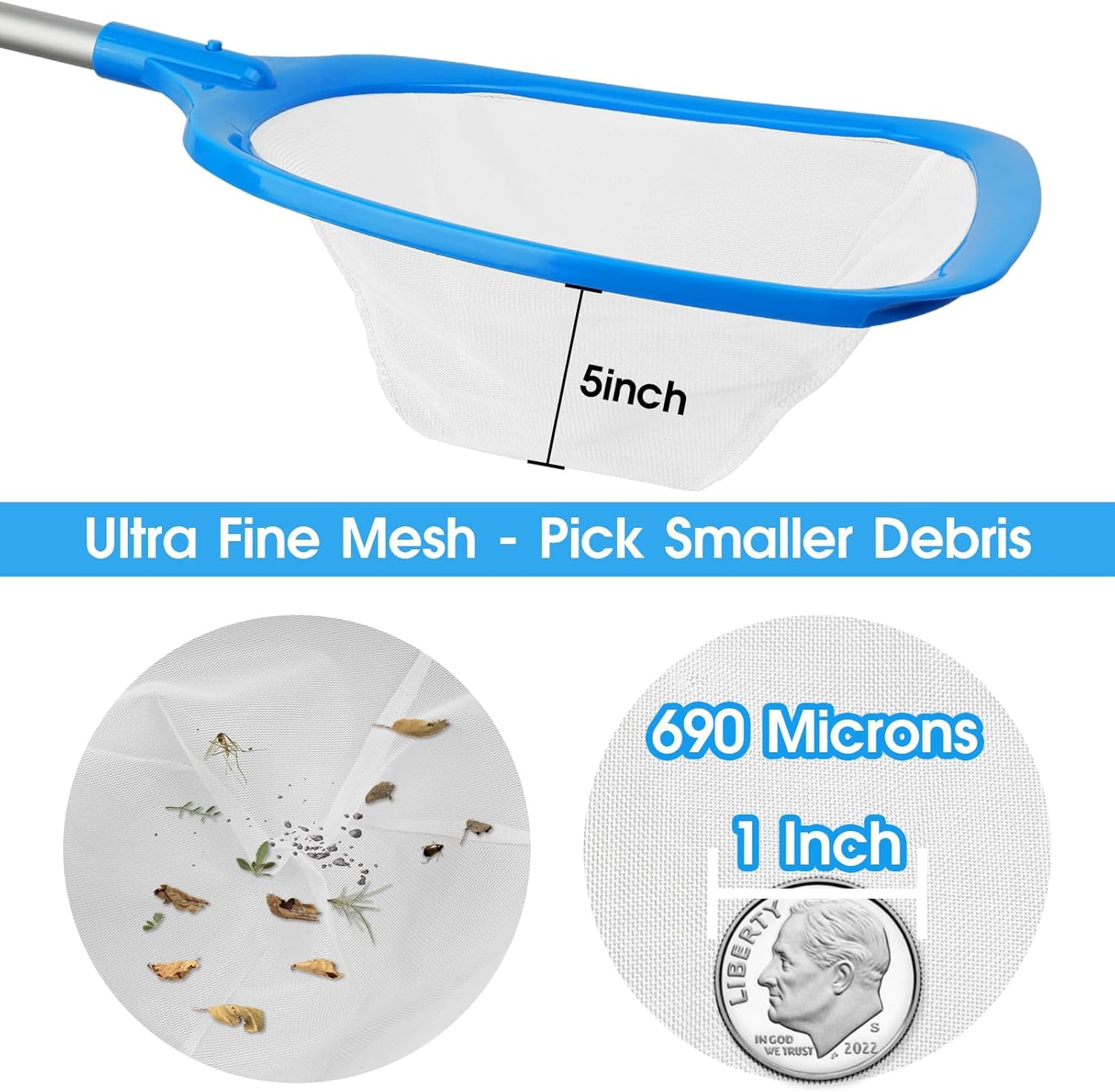 TidyMister Hot Tub Skimmer Spa Net with 12'' Aluminum Pole Ultra Fine Mesh Net Handy Leaf Skimmer for Small Above Ground Pools Pick Up Fine Debris Lightweight Net